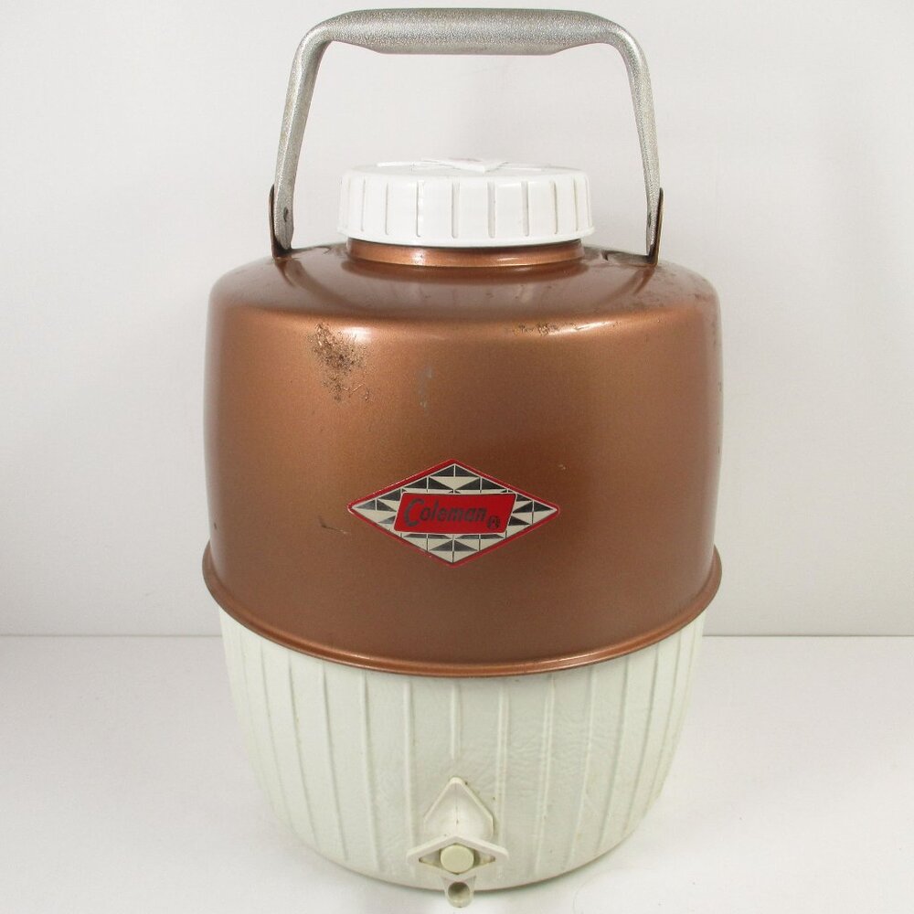 Vintage Coleman Diamond Badge Logo BROWN Metal Top & Handle Water Jug w/Cup